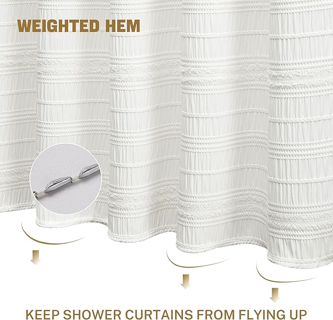 Siiluminisoy Extra Long Farmhouse White Boho Shower Curtain 72 x 96 Cotton Blend Tufted Fabric Waffle Textured Shabby Chic Rustic Minimalist Striped Shower Curtains for Bathroom, Hotel