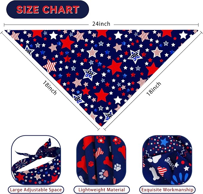 4th of July Dog Bandana Reversible 2 Pack Small, Red White and Blue Dog Paw Star Patriotic Dogs Bandanas Set Adjustable Triangle Holiday Scarves for Memorial Day Small Medium Boy Girl Dogs