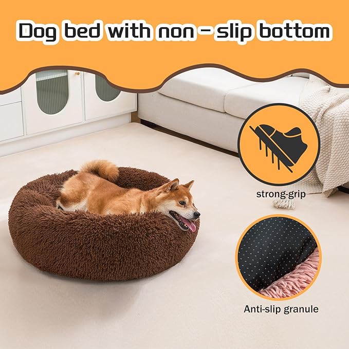 Comfort Donut Dog Bed for Small Dogs, Cat Bed & Pet Bed for Indoor Use, Medium Size with Soft Plush, Round Dog Beds for Large Dogs and Cats (Coffee, 20''Lx20''Wx8''Th)
