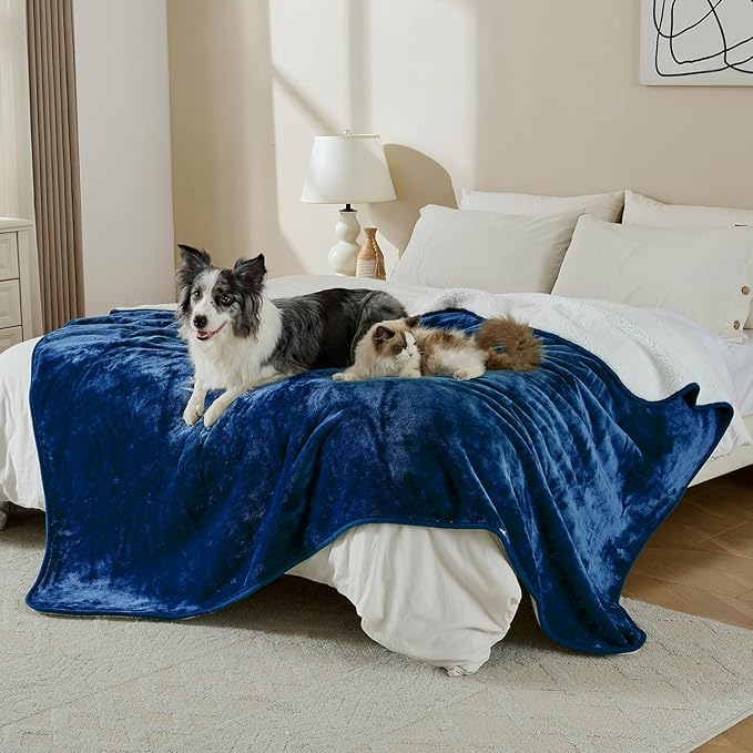 Yaning Waterproof Blanket for Bed Couch Sofa, Soft Liquid Pee Proof Pet Blanket for Dog Puppy Cat, Reversible Sherpa Fleece Furniture Protector (Navy Blue, 50x60 inches)