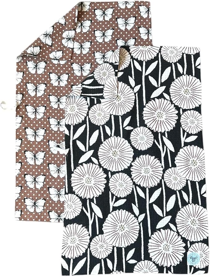 Desert Aqua || 2 Pack Double Sided || Not Your Ordinary Dish Towels || Waffle Weave Microfiber || Tea Towels || Highly Absorbent || Hanging Loop || Dish Cloths || Designer Prints|| Butterflies