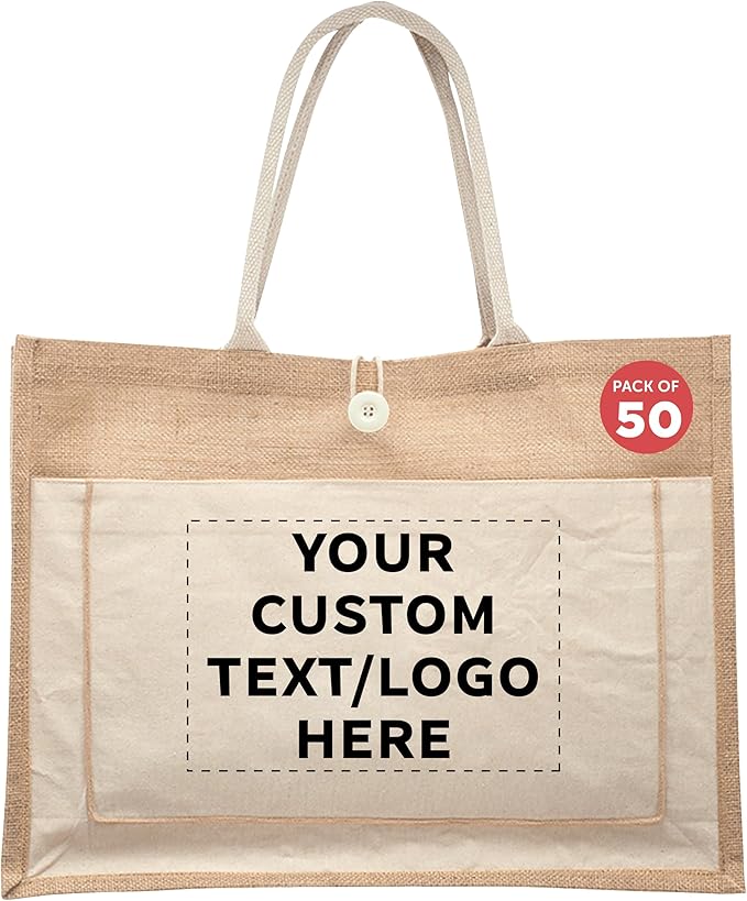 DISCOUNT PROMOS Custom Jute Tote Bags with Cotton Pocket Set of 50, Personalized Bulk Pack - Reusable, Great for Picnic, Camping, Beach, Outdoor Activities - Natural