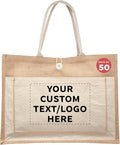DISCOUNT PROMOS Custom Jute Tote Bags with Cotton Pocket Set of 50, Personalized Bulk Pack - Reusable, Great for Picnic, Camping, Beach, Outdoor Activities - Natural
