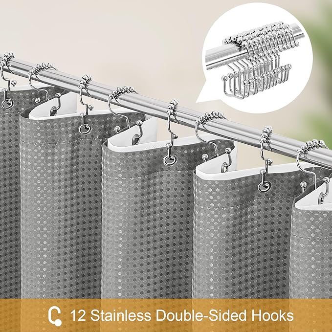Craidlela 3 in 1 Shower Curtain Set, Grey Waffle Shower Curtain and PEVA Liner Set with 12 Stainless Steel Shower Curtain Hooks, Gray Waterproof Fabric Shower Curtains for Bathroom, 72 W x 72 H
