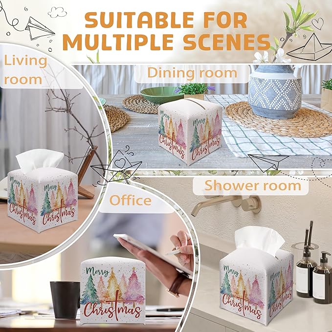 Merry Christmas Tissue Box Holder, Colorful Christmas Tree Leather Tissue Box Cover Square, Paper Facial Decorative Tissues Cover for Night Stands Bathroom Kitchen Office Home Decor-B14
