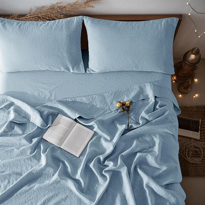 LBRO2M 100% Linen Sheet Set California King Size,Bed Sheets 4 Piece Sets,Solid Color Natural Flax Bed Sheets Soft Breathable Bedding,16" Deep Pocket,All Season (Clifornia King, Dusty Blue)