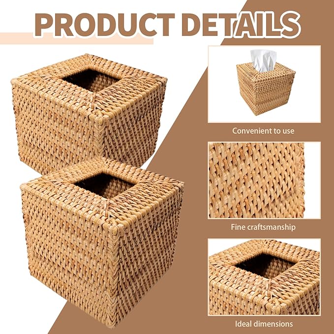 LECEHIVO 3 Pcs Square Rattan Tissue Box Cover Decorative Hand Wicker Woven Tissue Box Holder 5.5'' x 5.5'' x 5.5'' Boho Natural Tissue Cube Napkin Holder for Bathroom, Office, Car Accessories (Wood