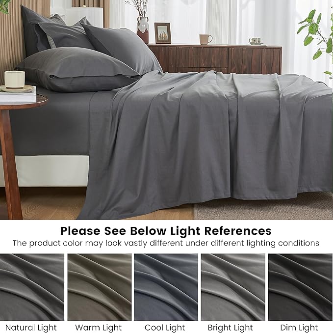 Simple&Opulence Belgian Linen Sheet Set Solid Color - 6 Pieces (1 Flat Sheet & 1 Fitted Sheet & 4 Pillowcases) 16" Deep Pocket Natural Flax Cotton Blended Soft Bedding - Dark Grey, California King