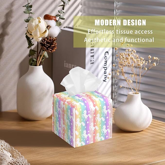 Leather Tissue Box Holder Unicorn Silhouette on Rainbow Stripes Tissue Box Cover Facial Paper Case Organizer Cube Napkin Dispenser for Bathroom Vanity Countertop Night Stand Office Car