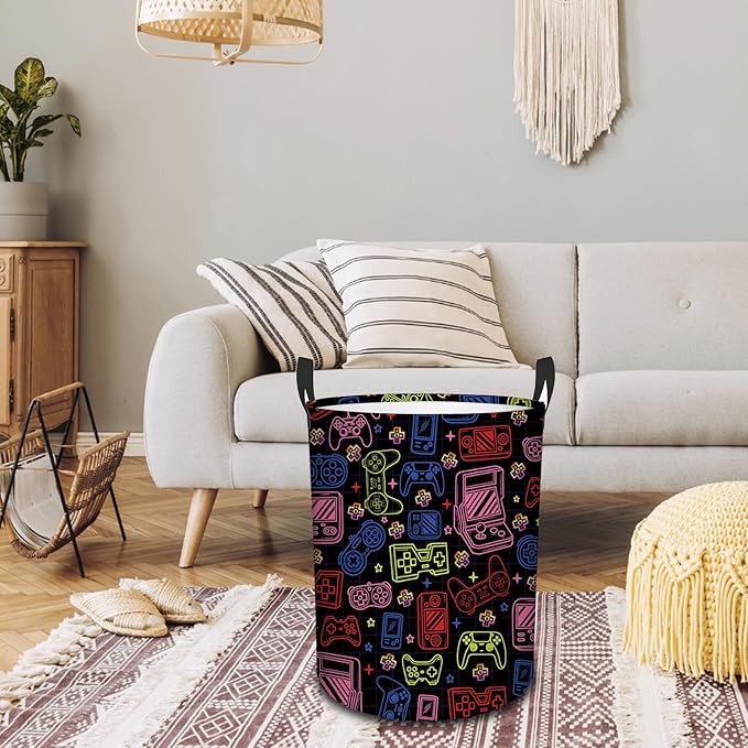 Game Gaming Laundry Basket, 43L Round Oxford Cloth Laundry Hamper, Waterproof Collapsible Storage Organizer Bin with Handles for Toys, Nursery Home Storage, Gift for Chritsmas Thanksgiving 13.8x17.7