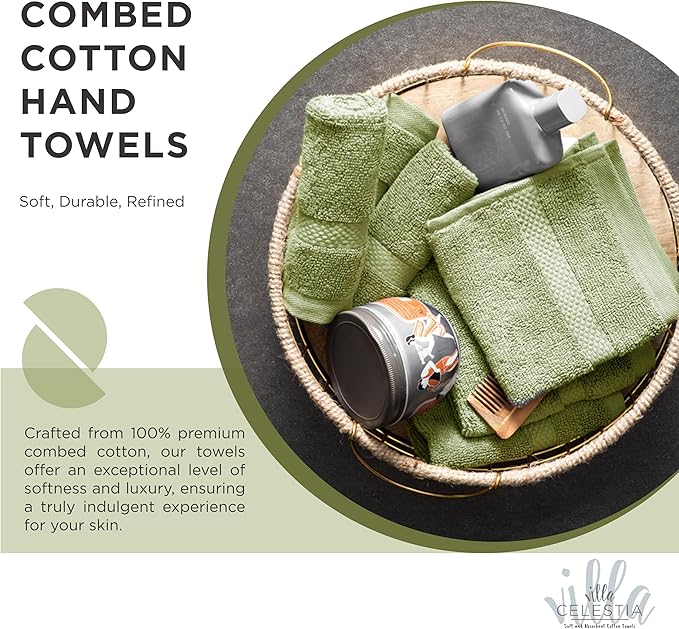 Villa Celestia 100% Cotton Hand Towel Set of 4, (16 x 28 inches) Sustainable, Soft, Highly Absorbent, Quick Drying, Combed Cotton Hand Towels Pack of 4 Ideal for Hotels, Spa, Bathroom, Dorm, Sage