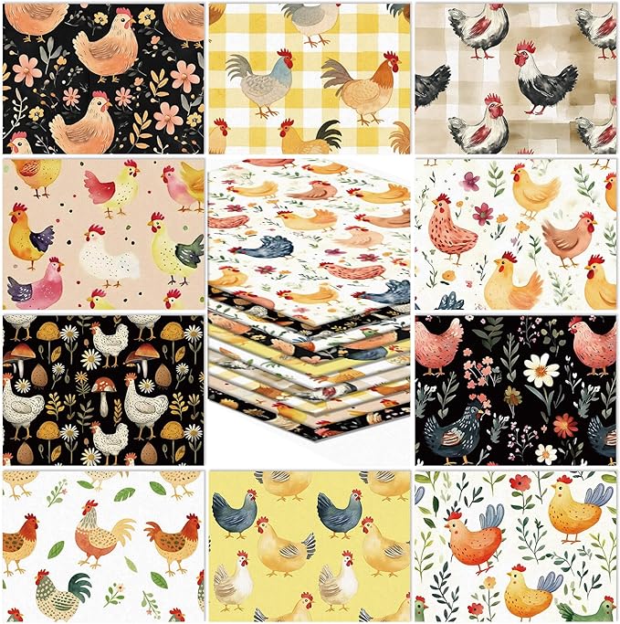 JarThenaAMCS 10Pcs Chicken Cotton Fabric Bundles Hen Rooster Flower Fat Quarters Farm Quilting Patchwork for DIY Sewing Craft Decor, 18 x 22 Inch