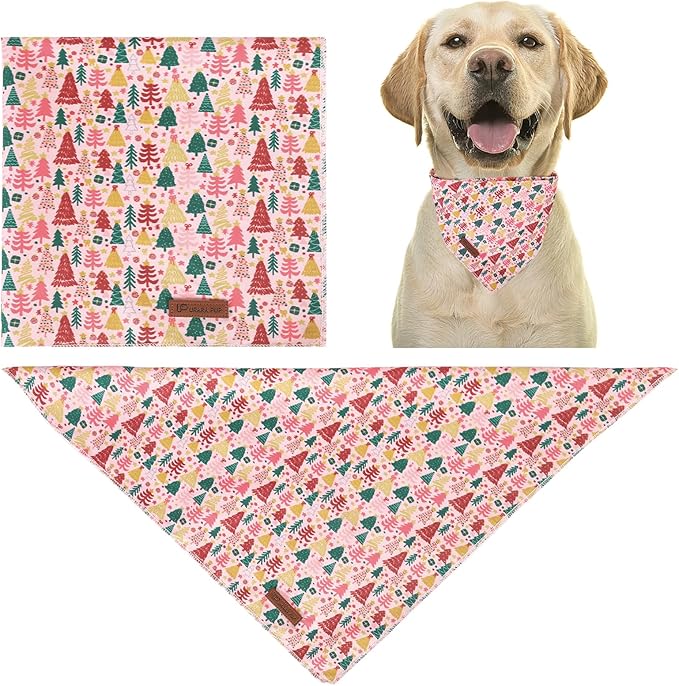 UP URARA PUP Christmas Dog Bandana–Pink Christmas Tree Triangle Scarf for Small Medium Large Dogs, Soft Cotton Pet Bib for Winter & New Year, Adjustable Dog Kerchief