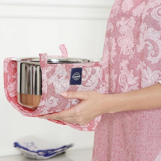 Pot Holders for Kitchen | Heat Resistant Pads | Set of 2 | Hot Dish Holder Sets | 8x8 in |for Cooking, Baking, Grilling, Microwave & BBQ, Chambray Red by Encasa XO