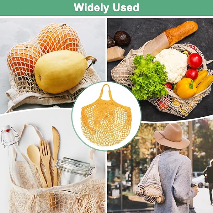 M METERXITY 2-Pack Cotton Mesh Bag, Reusable Washable Mesh Net String Grocery Bags, Reusable Produce Bags with Handle, Net Tote Bag for Fruits/Vegetables Shopping [Yellow, Long&Short Handle]