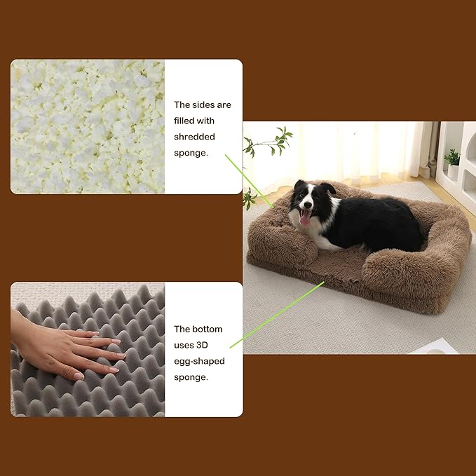 CareCooo Orthopedic Dog Bed for Medium Dogs - Washable Memory Foam Pet Sofa, Fluffy Plush Rectangular Bed, Waterproof Anti-Anxiety Couch, Khaki, M