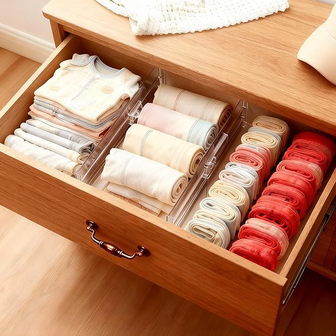 4 Pack Adjustable Drawer Dividers - 4" High Clear Expandable Dresser Organizers 12.9"-21.4" Length, Transparent Drawer Separators for Clothes, Underwear, Cosmetics & Kitchen Utensils Storage