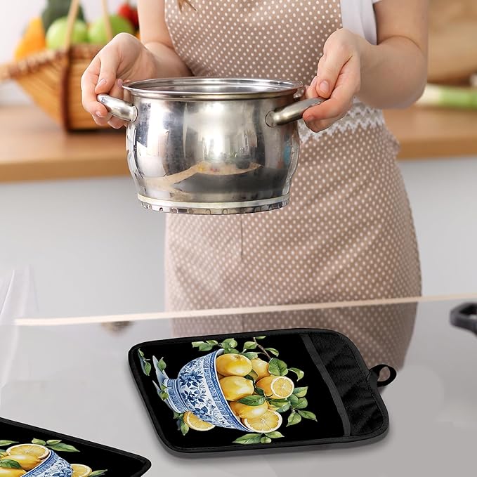 Chinoiserie Lemon Pot Holders with Pockets, Blue and White Grandmillennial Lemon Tree Oven Pot Holders Heat Resistant Oven Mitts Hot Pads for Kitchen Baking Cooking
