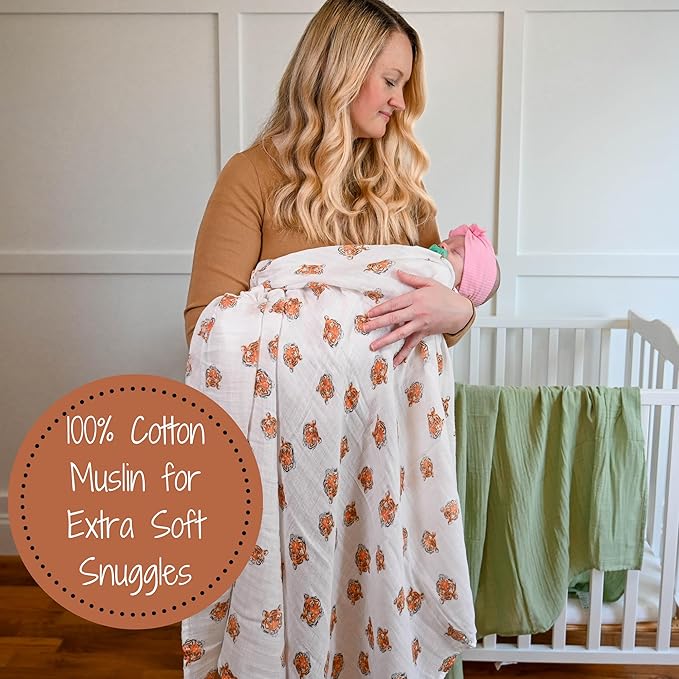 LollyBanks 100% Cotton Muslin Swaddle Blanket, Large 47 x 47 Inches, Tiger Theme, Orange, Modern Animal Print, Breathable and Lightweight, Baby Care, 1 Count