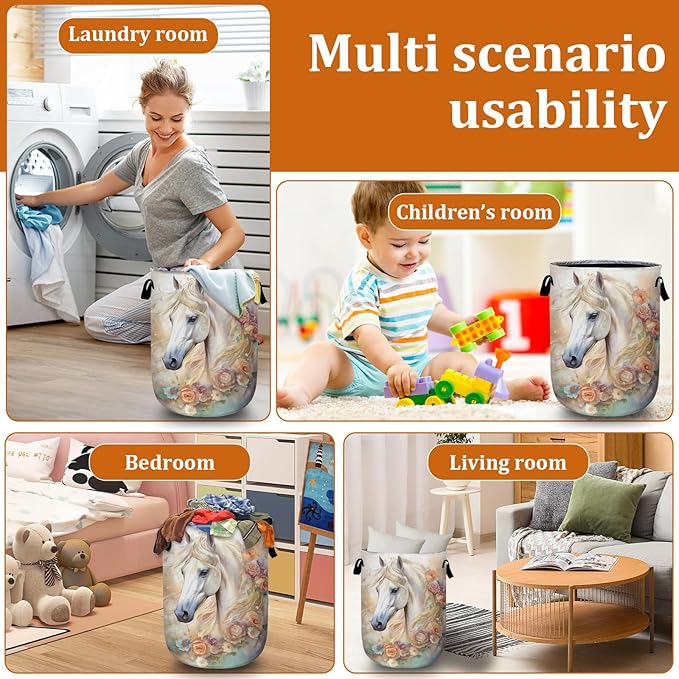 White Horse Flower Laundry Basket with Sturdy Handles, Glitter Floral Collapsible Oxford Cloth Laundry Hamper Organizer Basket for Bathroom Bedroom 15.7x20 Inch