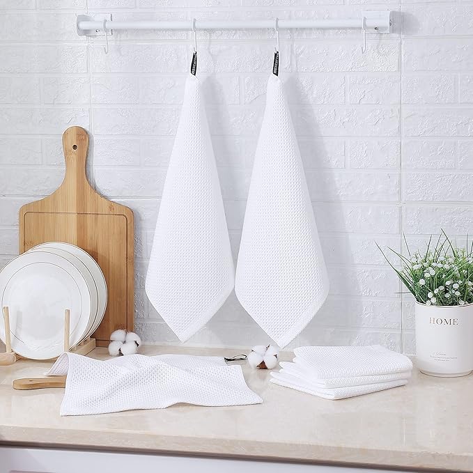 Kitinjoy 100% Cotton Kitchen Dish Cloths, 8 Pack Waffle Weave Ultra Soft Absorbent Dish Towels for Drying Dishes Quick Drying Kitchen Towels Dish Rags, 12 X 12Inch, White