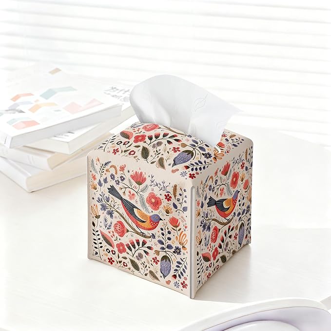 Scandi Bird Tissue Box Holder, Scandinavian Boho Leather Tissue Box Cover Square, Paper Napkins Everyday Dispenser for Bathroom Vanity Countertop Night Stands Kitchen Office Car Home Decor