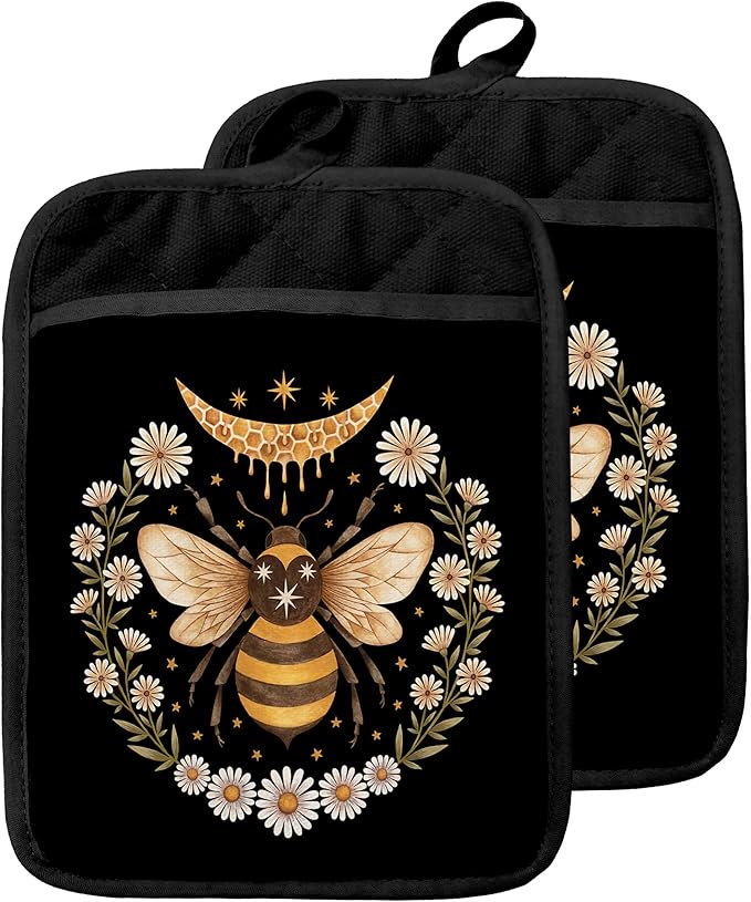 Bee Gifts Pot Holders with Pockets, Bee Themed Gifts, Honeybee Daisy Flowers Oven Pot Holders Heat Resistant Oven Mitts Hot Pads for Kitchen Baking Cooking