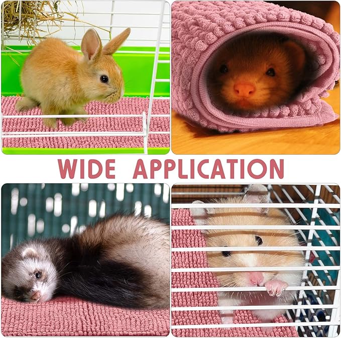 Amylove 4 Pcs Guinea Pig Cage Liner Guinea Pig Bedding Dog Door Mat for Muddy Pet Paws Washable Chenille Pee Pads Small Animal Sleeping Bed for Bunny Hamster(16 x 24 Inch,Rectangular,Pink)
