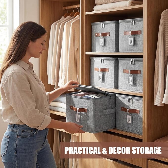 Fiwochic 6 Pack Fabric Storage Bins with Lids and Label, 15x10x10Inch Large Size Foldable Cotton Linen Storage Boxes with PU Leather Handles Holders for Closet, Bedroom, Shelf, Nursery, Gray