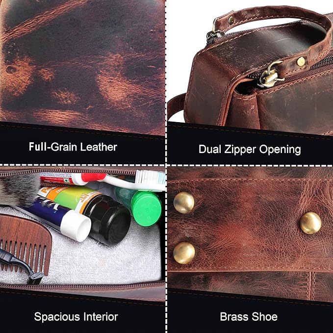 Rustic Town Leather Wash Bag for Men - Travel Toiletry Bag - Shaving Dopp Kit Toiletries Organizer - Leather Makeup Bag for Women