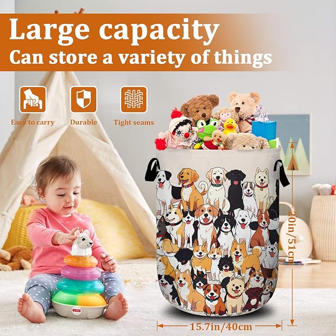 Cute Dog Puppy Laundry Basket with Sturdy Handles, Dog Lover Collapsible Oxford Cloth Laundry Hamper Organizer Basket for Bathroom Bedroom 15.7x20 Inch