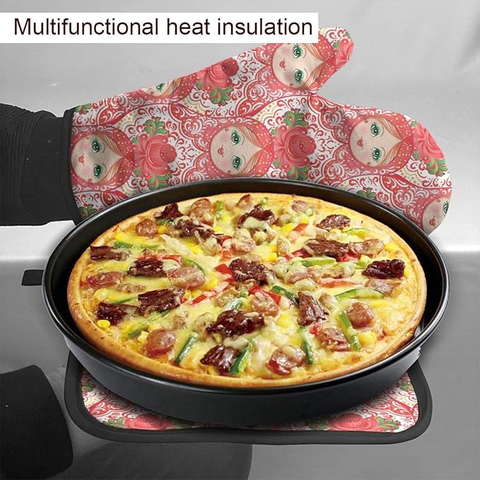Traditional Russian Nesting Doll with Flowers Oven Mitts and Pot Holders Insulated Gloves & Kitchen Counter Safe Mats for Cooking BBQ Baking Grilling (2-Piece Set)