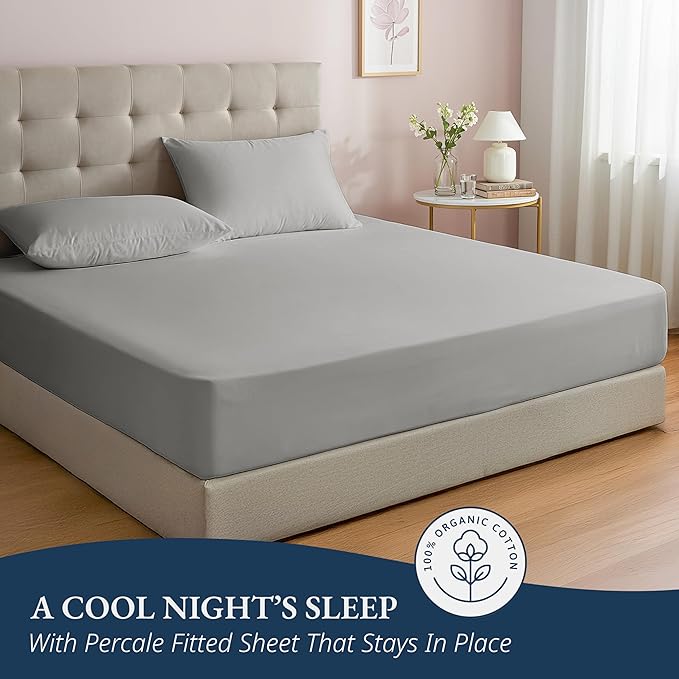 LANE LINEN Twin XL Fitted Sheet, 100% Organic Cotton 2-Piece Set (1 Fitted Sheet, 1 Pillowcase), Percale Weave, Bottom Sheet, Soft, Breathable, Fits Mattress Upto 15" Deep - Silver (No Flat Sheet)
