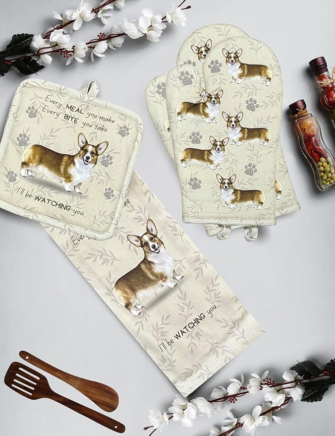 Welsh Corgi 3-Piece Kitchen Set - Oven Mitt, Pot Holder & Kitchen Towel Set, Heat Resistant up to 420 F, Soft Quilted Cotton for Cooking, Baking, BBQ, Pet Lover Gifts (Welsh Corgi)
