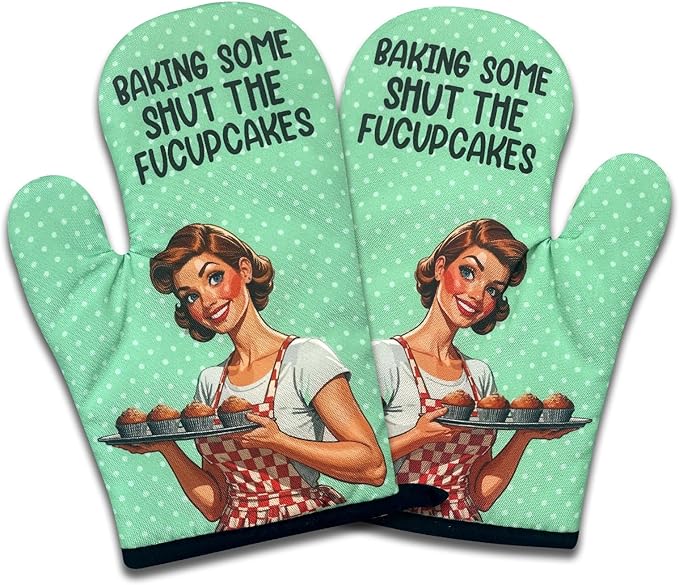2 Pack Funny Oven Mitts for Women, Baking Some Shut The Fucupcakes, Vintage Lady Heat Resistant Kitchen Mitts, Humorous Baking Gifts for Bakers, Birthday Gifts for Mom Wife Sister Friend
