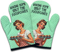 2 Pack Funny Oven Mitts for Women, Baking Some Shut The Fucupcakes, Vintage Lady Heat Resistant Kitchen Mitts, Humorous Baking Gifts for Bakers, Birthday Gifts for Mom Wife Sister Friend