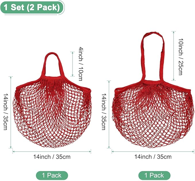 M METERXITY 2-Pack Cotton Mesh Bag, Reusable Washable Mesh Net String Grocery Bags, Reusable Produce Bags with Handle, Net Tote Bag for Fruits/Vegetables Shopping [Red, Long&Short Handle]