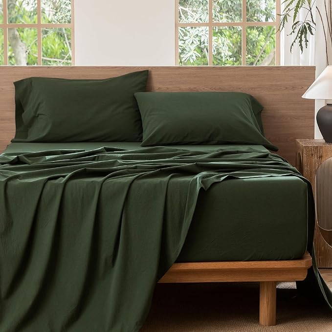 MooMee Bedding Sheet Set 100% Washed Cotton Linen Like Textured Breathable Durable Soft Comfy (Solid Forest Green, Split King)