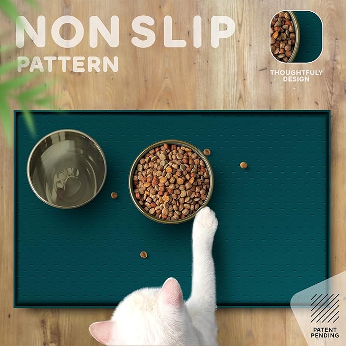PetHappily Dog Food Mat - Raised Edges Dogs Mat for Food and Water Prevent Spill, Waterproof Cat Food Mats Protect Floors, Easy Clean Dog Bowl Mats for Food and Water, Silicone Pet Food Tray