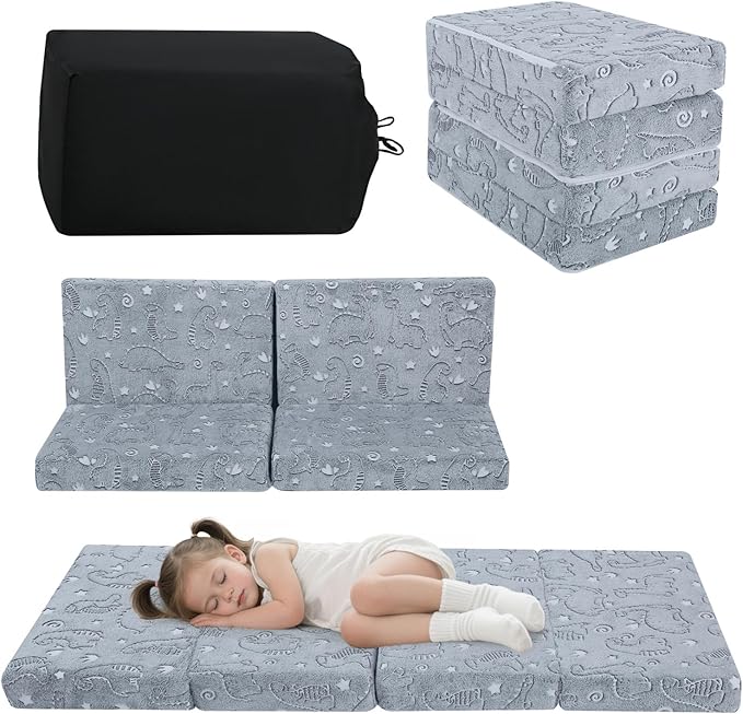 MeMoreCool Foldable Floor Mattress for Kids, Glow Dinosaur Trifold Mat, Kids Folding Mattress Portable Futon, Grey