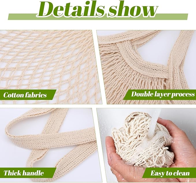 xozeooeu 12 Pcs Reusable Cotton Mesh Produce Bags, Beige Washable Grocery Net Bags Tote Organizer with Handles for Fruits, Vegetables, and Shopping