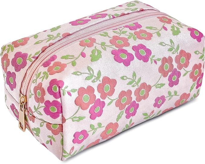 STARDW Cute Floral Makeup Bag for Women, Large Capacity Travel Toiletry Bag with Zipper and Canvas Lining