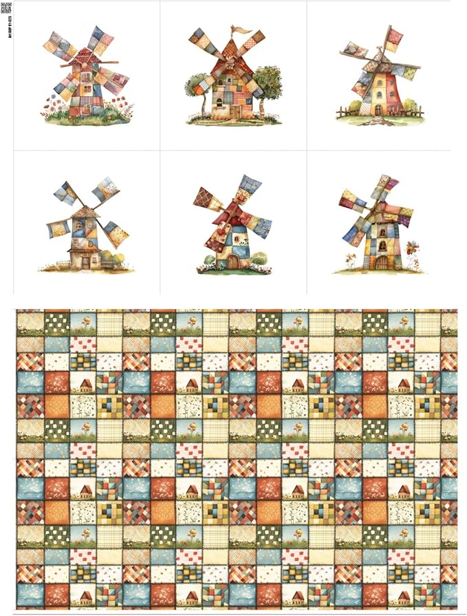 Patchwork Fabric Panel with Windmill Designs – 100% Cotton Satin, 6 Printed Panels 9.8”×9.8” + Patchwork Sheet 29.5”×19.7”, Single Continuous Cloth for Quilting & Sewing