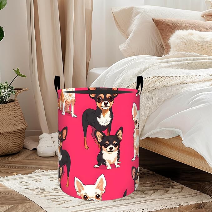 ainori Cute Chihuahua Laundry Basket, Oxford Cloth Whimsical Dog Dirty Clothes Collapsible Hamper for Room Decor, Playful Puppy Print Gifts Toy Organizer 19.7 * 15.8 Inch for Bedroom Bathroom Dorm
