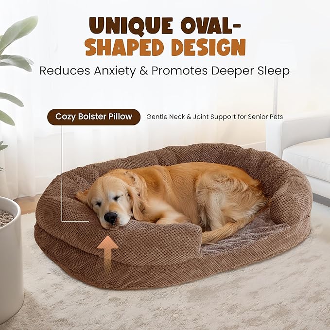 Miorun Orthopedic Dog Bed for Extra Large Dogs – XL Size 48"x36" Washable Bolster Couch, Extra-Thick 3.6" Foam Oval Pad Fits Dog Curve, Washable Removable Calming Plush Cover, Cozy Pet Sofa Bed