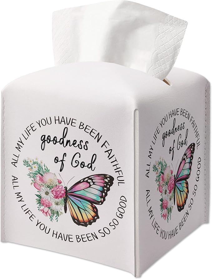 Butterfly Decorative Tissue Box Cover Square, Leather Tissue Box Dispenser, Christian Inspirational Quote Gift Ideas for Friends, Goodness of God, Bathroom Office Decor-(5.2 Inches)