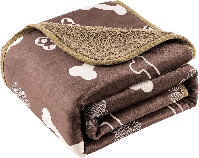 CAPT.SNOOZE Waterproof Dog Blankets Pet Blanket 60"x80", Soft Fluffy Sofa Car Bed Protector, Reversible Sherpa Fleece Dog Blanket for Large Dogs (Chocolate Brown-Bones)