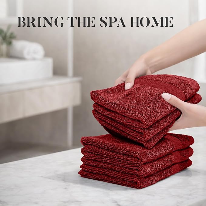 RIVERSIDE 12 Pack Premium 100% Cotton Face Wash Cloths, 12 x 12 Inches, Soft & Absorbent Face Towels for Bathroom Wash Clothes, 550 GSM, Luxury WashCloths for Showering, Body, Spa & Gym, Red