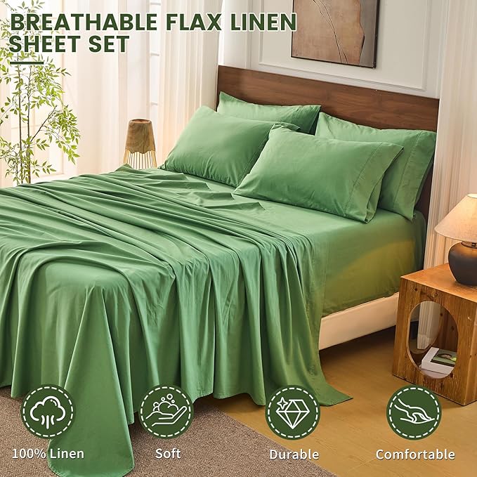 Bedlifes 100% French Linen Sheets California King Size 18-24" Extra Deep Pocket 4-Piece Set Breathable & Moisture-Wicking,Soft & Durable Sheets for Thick Mattresses(Sage Green)
