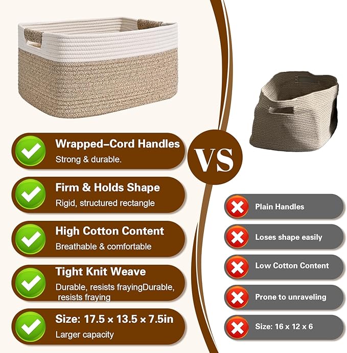 2 Pack Large Storage Basket for Organizing, 17.5"x13.5"x7.5" Woven Basket for Shelves, Closet Cube Storage Bins with Wrapped Handle, Cotton Rope Baskets for Kitchen, Clothes, Toys(Off White & Brown)